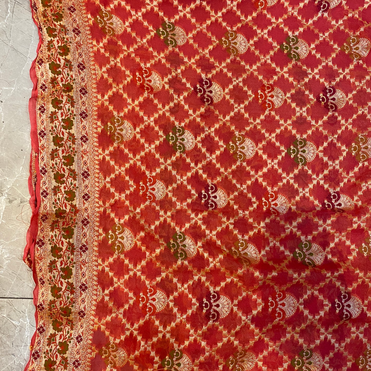 Peach Pure Khaddi Georgette Banarasi Saree with Kadhua Minakari Border & Designer Blouse