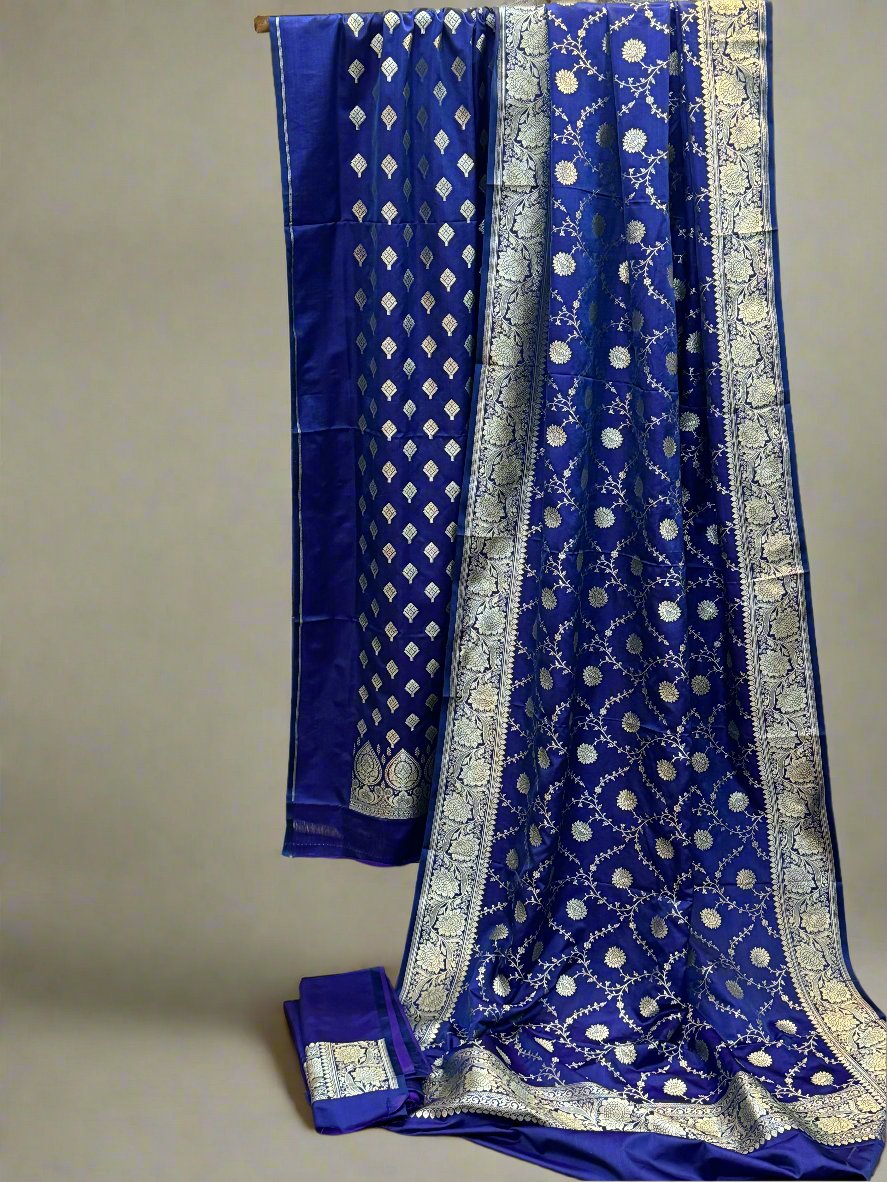 Royal Blue Pure Silk Banarasi 3-Piece Dress Material with Handwoven Shirt and Dupatta by Shades Of Benares - banarasi - banarasi saree shop