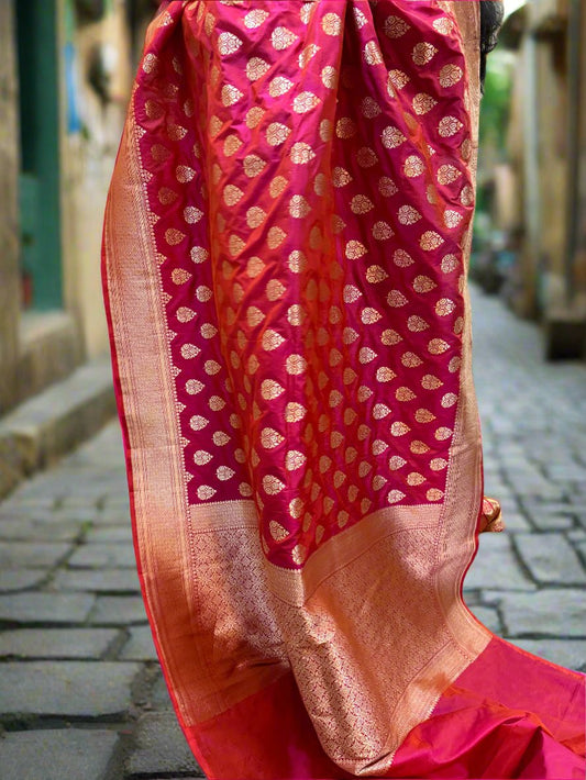 Pink Pure Silk Banarasi Saree with Handwoven Butis by Shades Of Benares - banarasi - banarasi saree shop