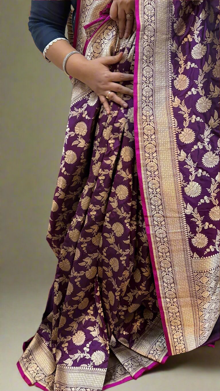 Purple Pure Silk Banarasi Saree with Handwoven Floral Jaal Work by Shades Of Benares - banarasi - banarasi saree shop