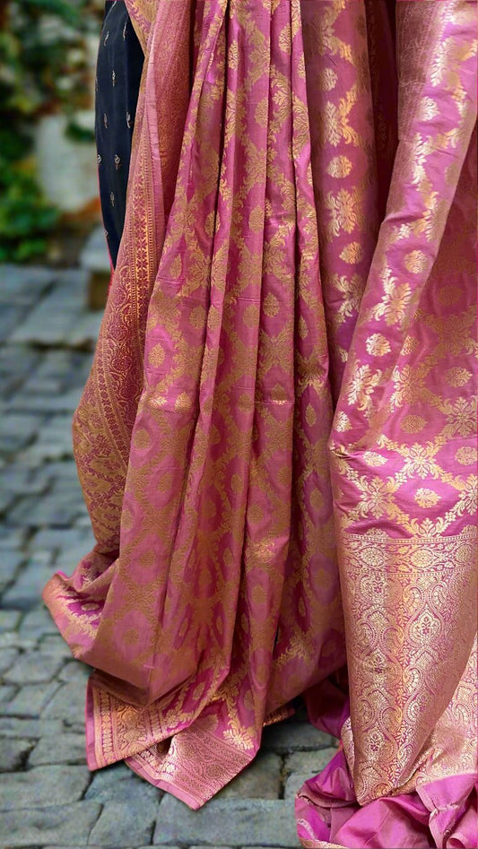 Pink Pure Silk Banarasi Saree with Handwoven Jaal Work by Shades Of Benares - banarasi - banarasi saree shop