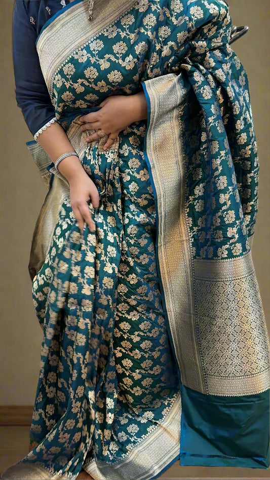 Turquoise Blue Pure Silk Banarasi Saree by Shades Of Benares - banarasi - banarasi saree shop