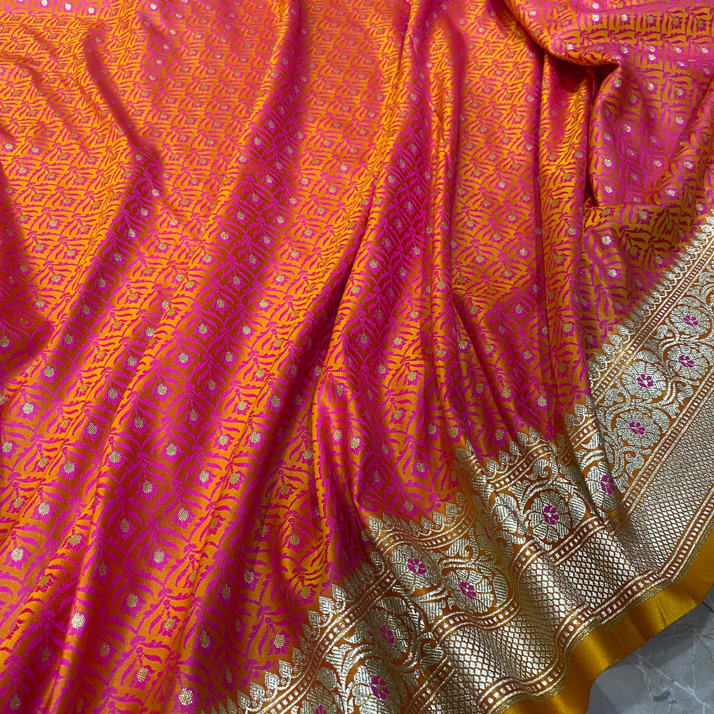 Gulnaar Sunset Couture — Luxe Silk Banarasi Saree by Shades Of Banaras - banarasi - banarasi saree shop - banarasi saree manufacturers - banarasi saree wholesale - banaraasi sarees