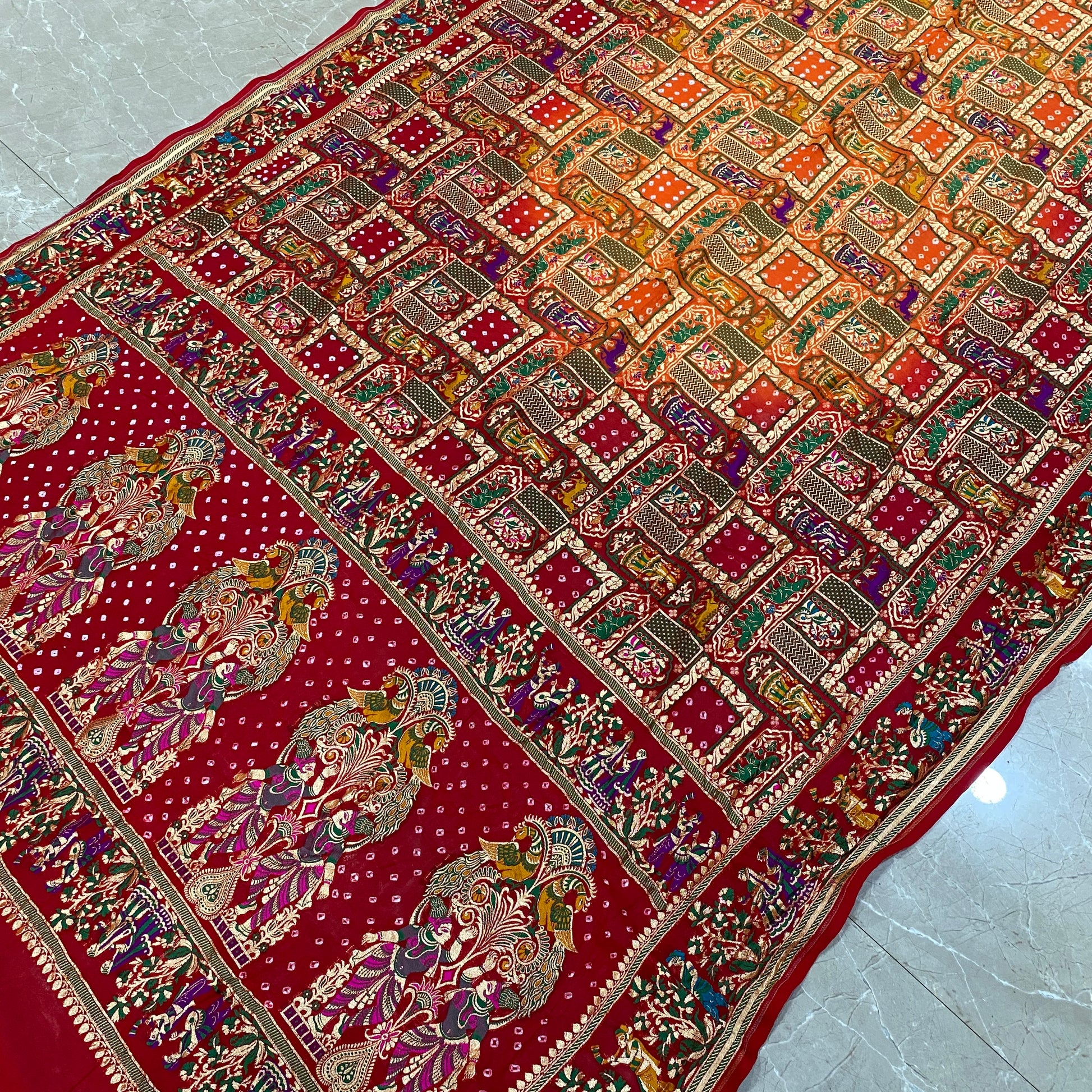 Surya Raga Ghatchola — Yellow & Red Khaddi Georgette Bandhani Banarasi Saree by Shades Of Banaras - banarasi - banarasi saree shop - banarasi saree manufacturers - banarasi saree wholesale - banaraasi sarees