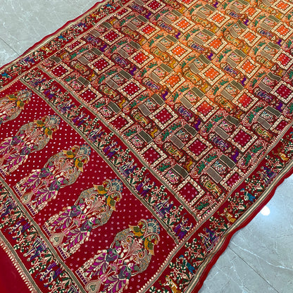 Surya Raga Ghatchola — Yellow & Red Khaddi Georgette Bandhani Banarasi Saree by Shades Of Banaras - banarasi - banarasi saree shop - banarasi saree manufacturers - banarasi saree wholesale - banaraasi sarees