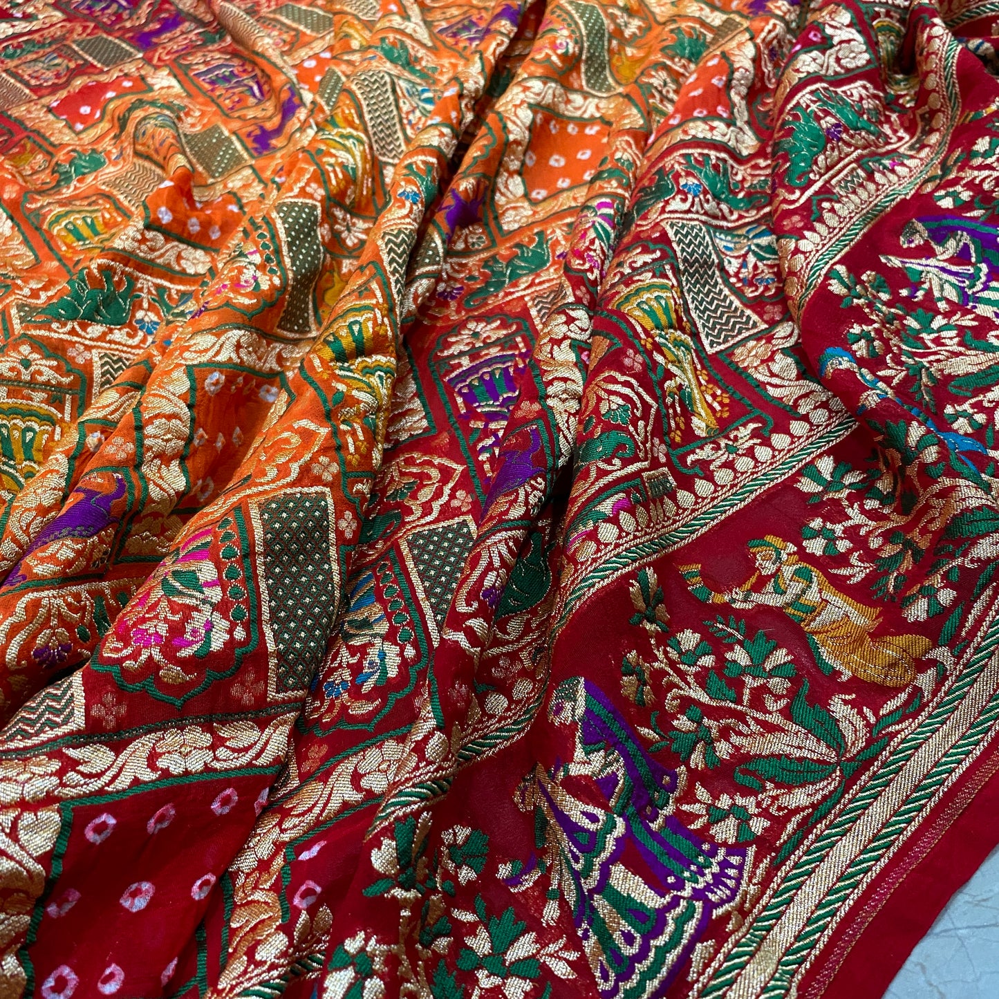 Surya Raga Ghatchola — Yellow & Red Khaddi Georgette Bandhani Banarasi Saree by Shades Of Banaras - banarasi - banarasi saree shop - banarasi saree manufacturers - banarasi saree wholesale - banaraasi sarees