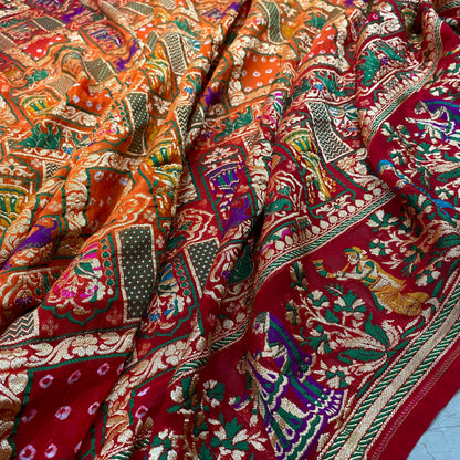 Surya Raga Ghatchola — Yellow & Red Khaddi Georgette Bandhani Banarasi Saree by Shades Of Banaras - banarasi - banarasi saree shop - banarasi saree manufacturers - banarasi saree wholesale - banaraasi sarees