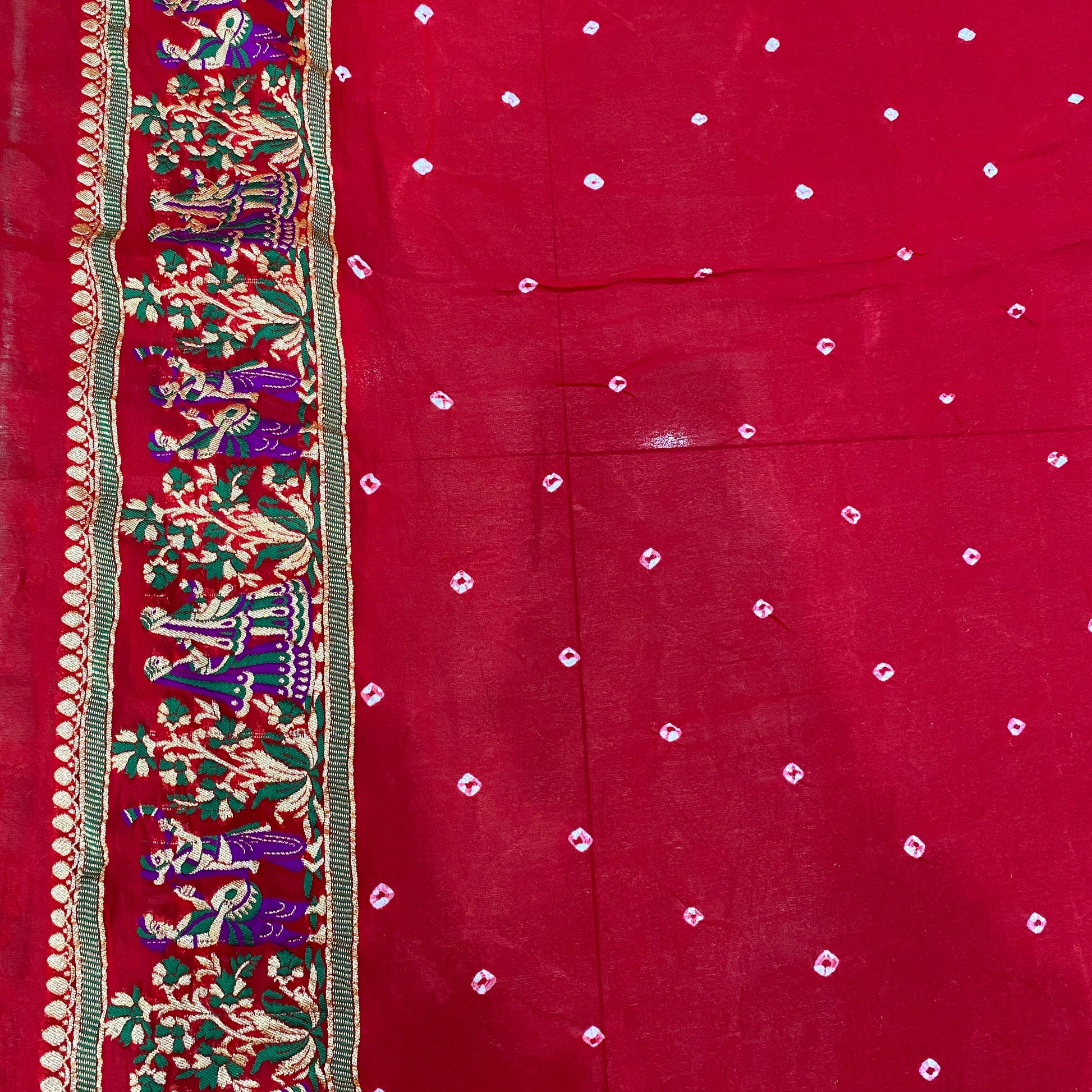 Surya Raga Ghatchola — Yellow & Red Khaddi Georgette Bandhani Banarasi Saree by Shades Of Banaras - banarasi - banarasi saree shop - banarasi saree manufacturers - banarasi saree wholesale - banaraasi sarees