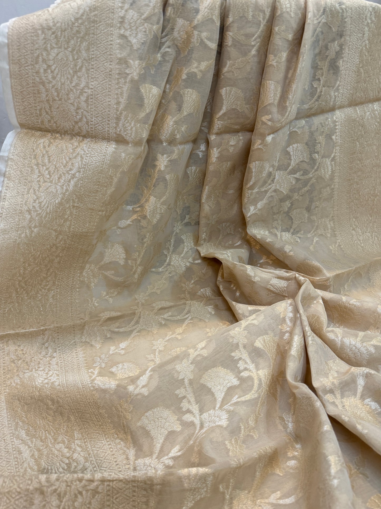 Beige Pure Cotton Banarasi Saree with Handwoven Jaal Work by Shades Of Benares - banarasi - banarasi saree shop