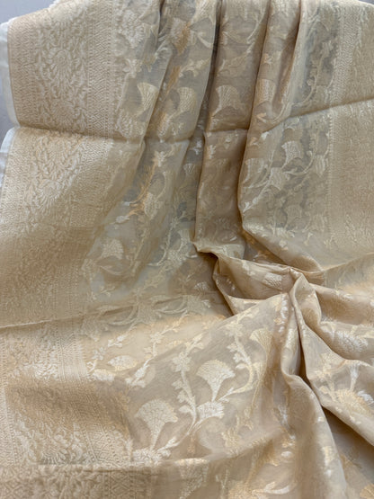 Beige Pure Cotton Banarasi Saree with Handwoven Jaal Work by Shades Of Benares - banarasi - banarasi saree shop