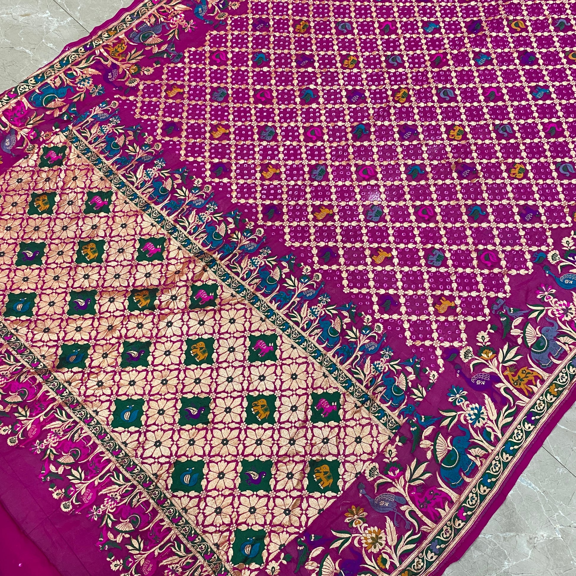 Rangmahal Noor — Magenta Khaddi Georgette Bandhani Banarasi Saree by Shades Of Banaras - banarasi - banarasi saree shop - banarasi saree manufacturers - banarasi saree wholesale - banaraasi sarees