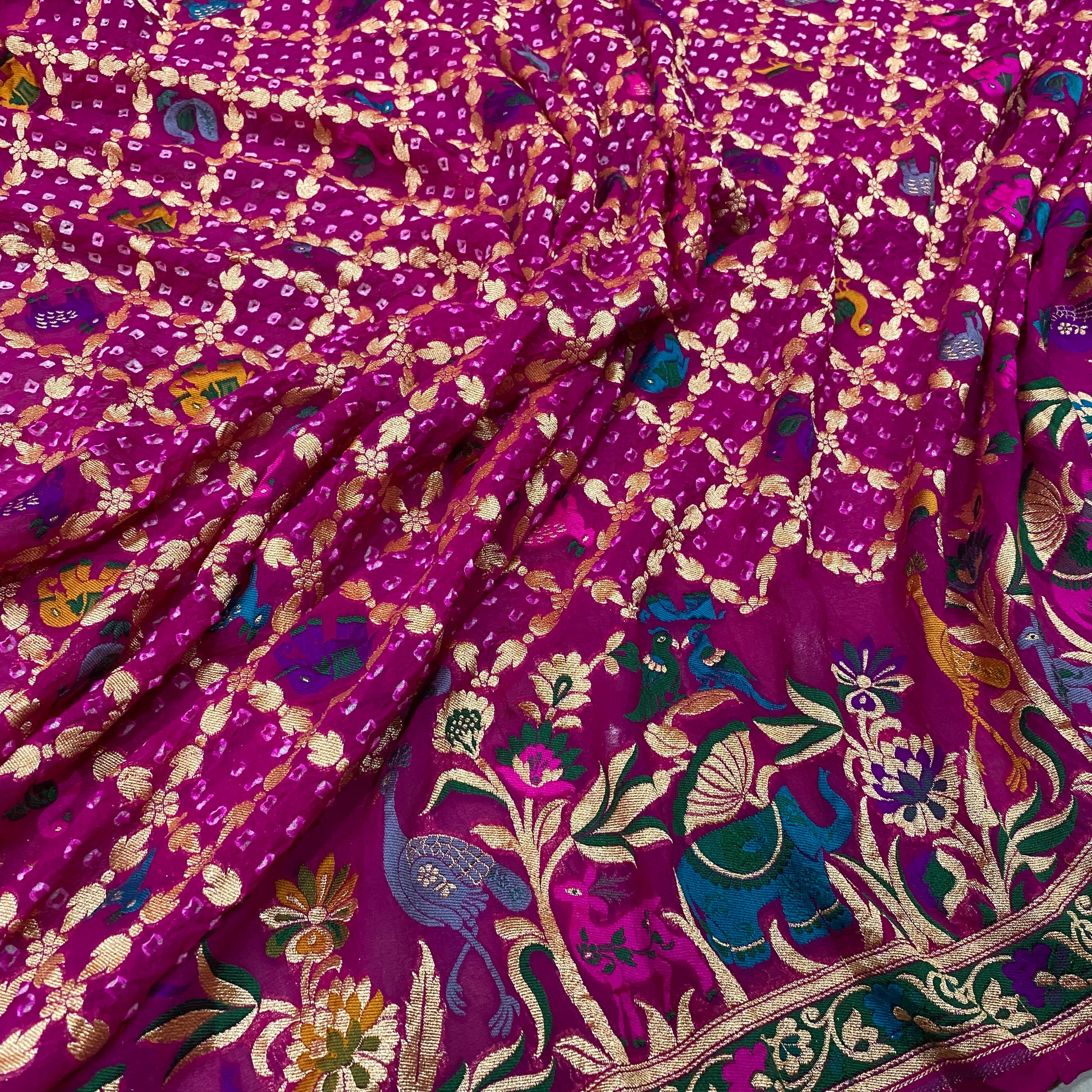 Rangmahal Noor — Magenta Khaddi Georgette Bandhani Banarasi Saree by Shades Of Banaras - banarasi - banarasi saree shop - banarasi saree manufacturers - banarasi saree wholesale - banaraasi sarees