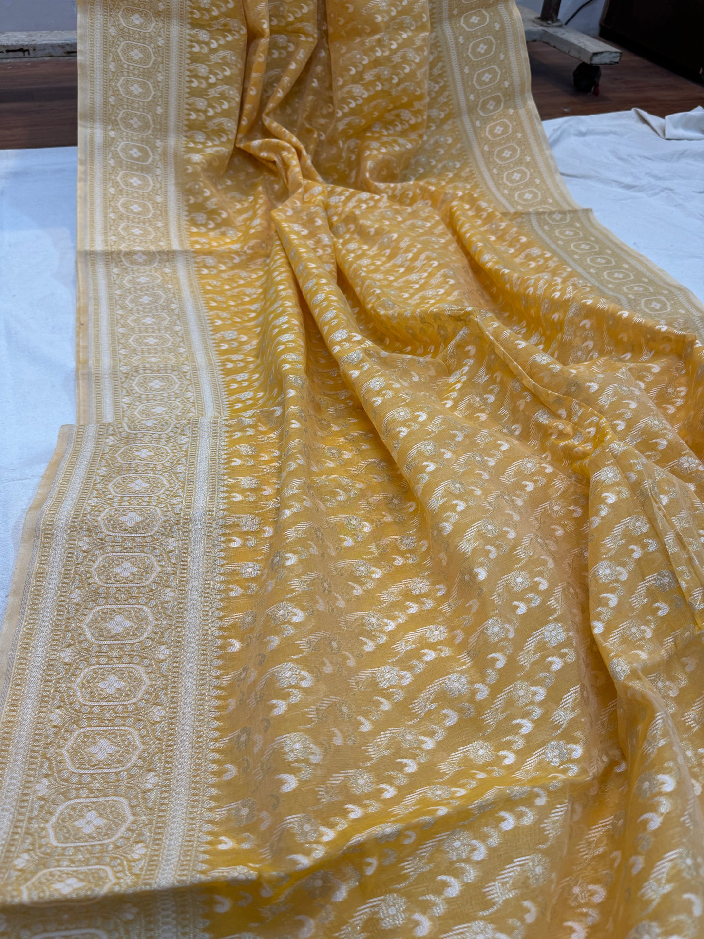 Yellow Pure Cotton Banarasi Saree with Gold & Silver Zari Weaving by Shades Of Benares - banarasi - banarasi saree shop