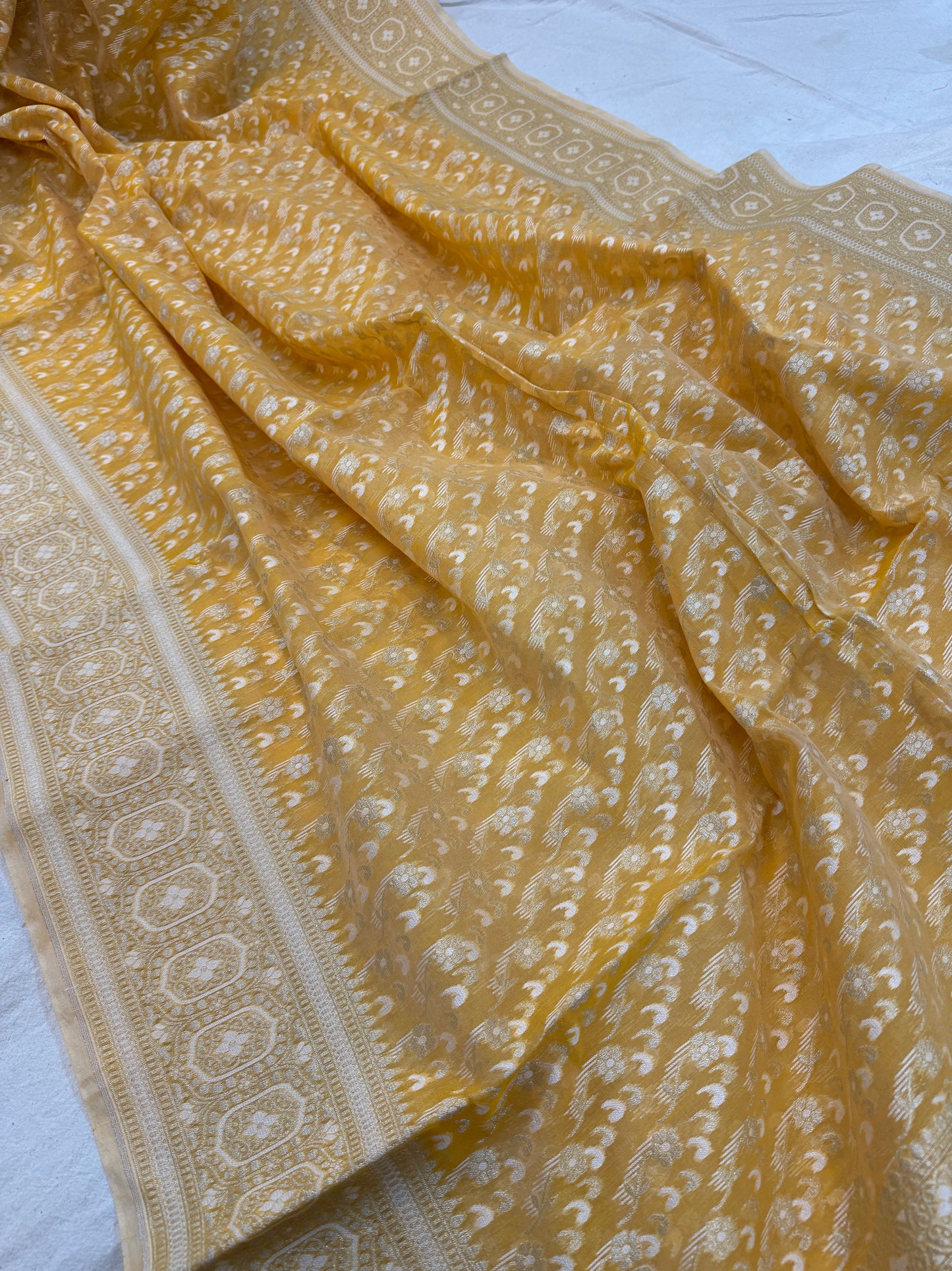 Yellow Pure Cotton Banarasi Saree with Gold & Silver Zari Weaving by Shades Of Benares - banarasi - banarasi saree shop