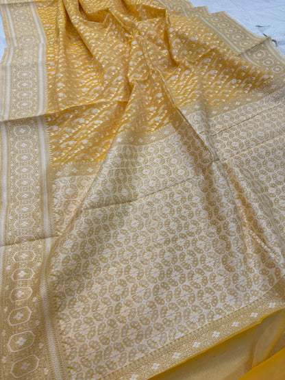 Yellow Pure Cotton Banarasi Saree with Gold & Silver Zari Weaving by Shades Of Benares - banarasi - banarasi saree shop