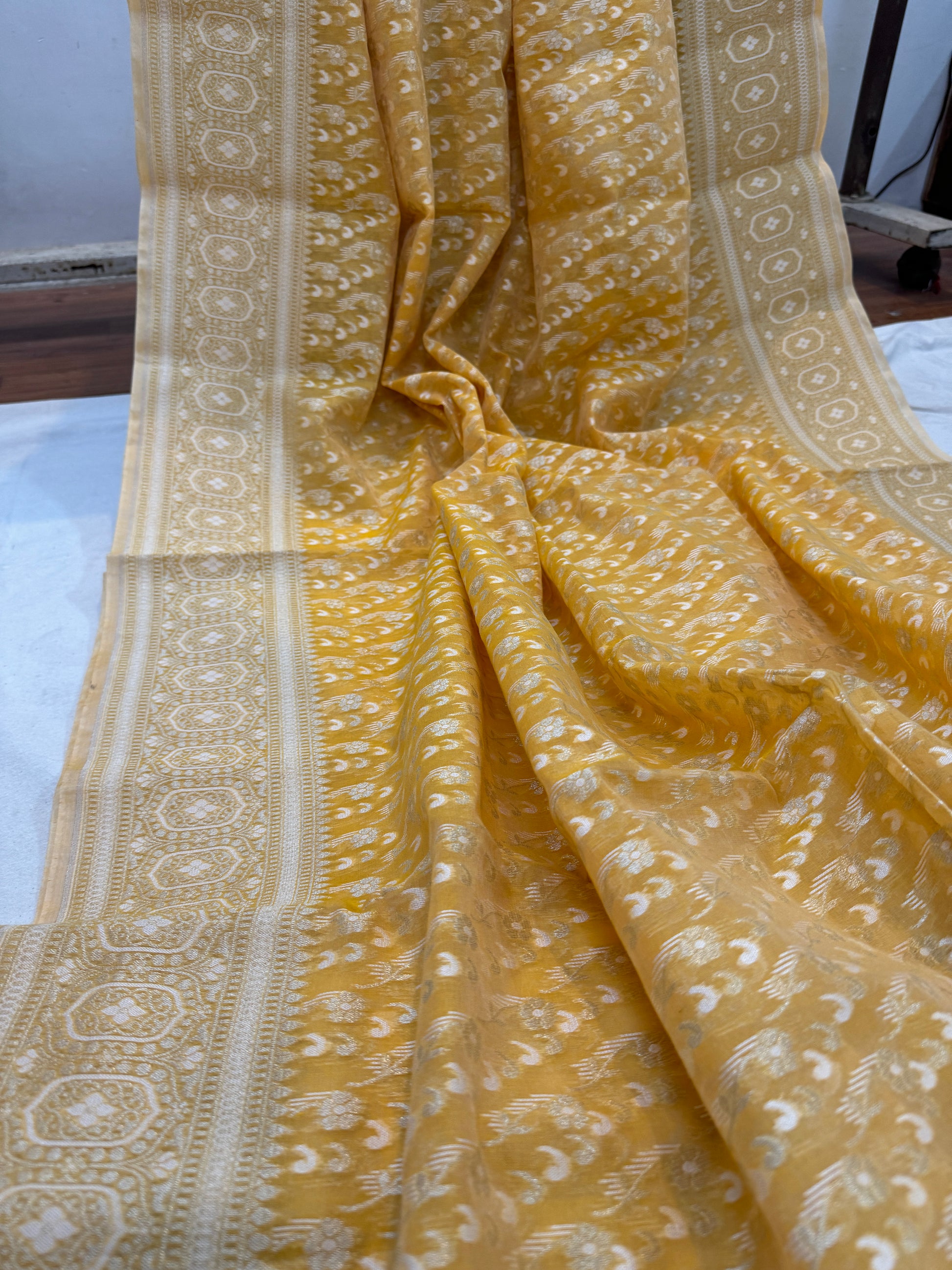 Yellow Pure Cotton Banarasi Saree with Gold & Silver Zari Weaving by Shades Of Benares - banarasi - banarasi saree shop