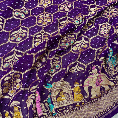 The Royal Amethyst: Purple Khaddi Georgette Bandhani Saree with Minakari Shikargaah Where two worlds of artistry collide, a masterpiece is born. by Shades Of Banaras - banarasi - banarasi saree shop - banarasi saree manufacturers - banarasi saree wholesale - banaraasi sarees