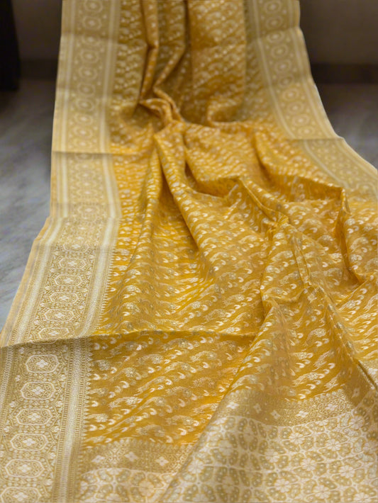 Yellow Pure Cotton Banarasi Saree with Gold & Silver Zari Weaving by Shades Of Benares - banarasi - banarasi saree shop