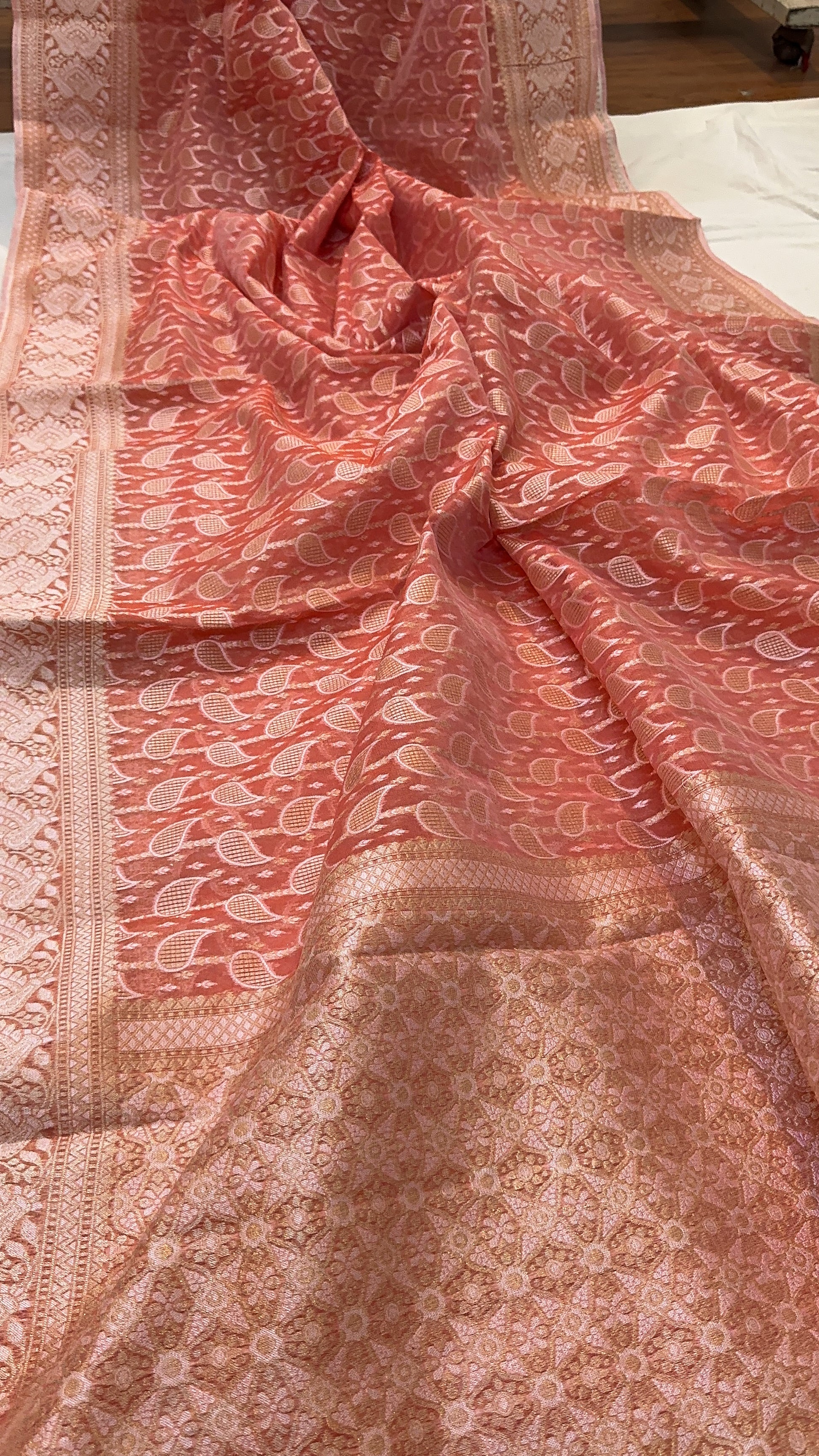 Strawberry Pink Pure Cotton Banarasi Saree with Gold & Silver Zari Weaving by Shades Of Benares - banarasi - banarasi saree shop