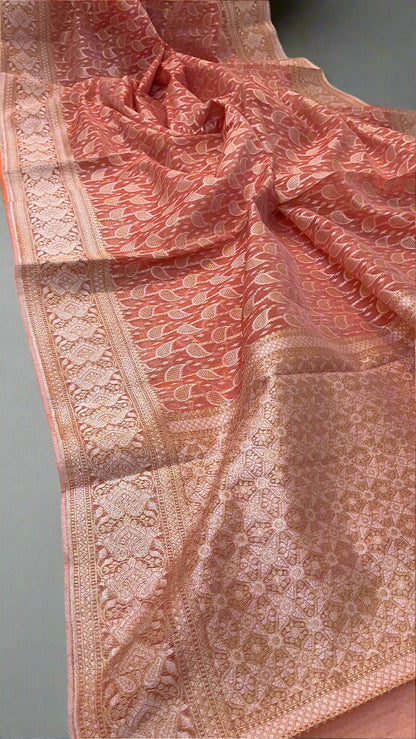 Strawberry Pink Pure Cotton Banarasi Saree with Gold & Silver Zari Weaving by Shades Of Benares - banarasi - banarasi saree shop