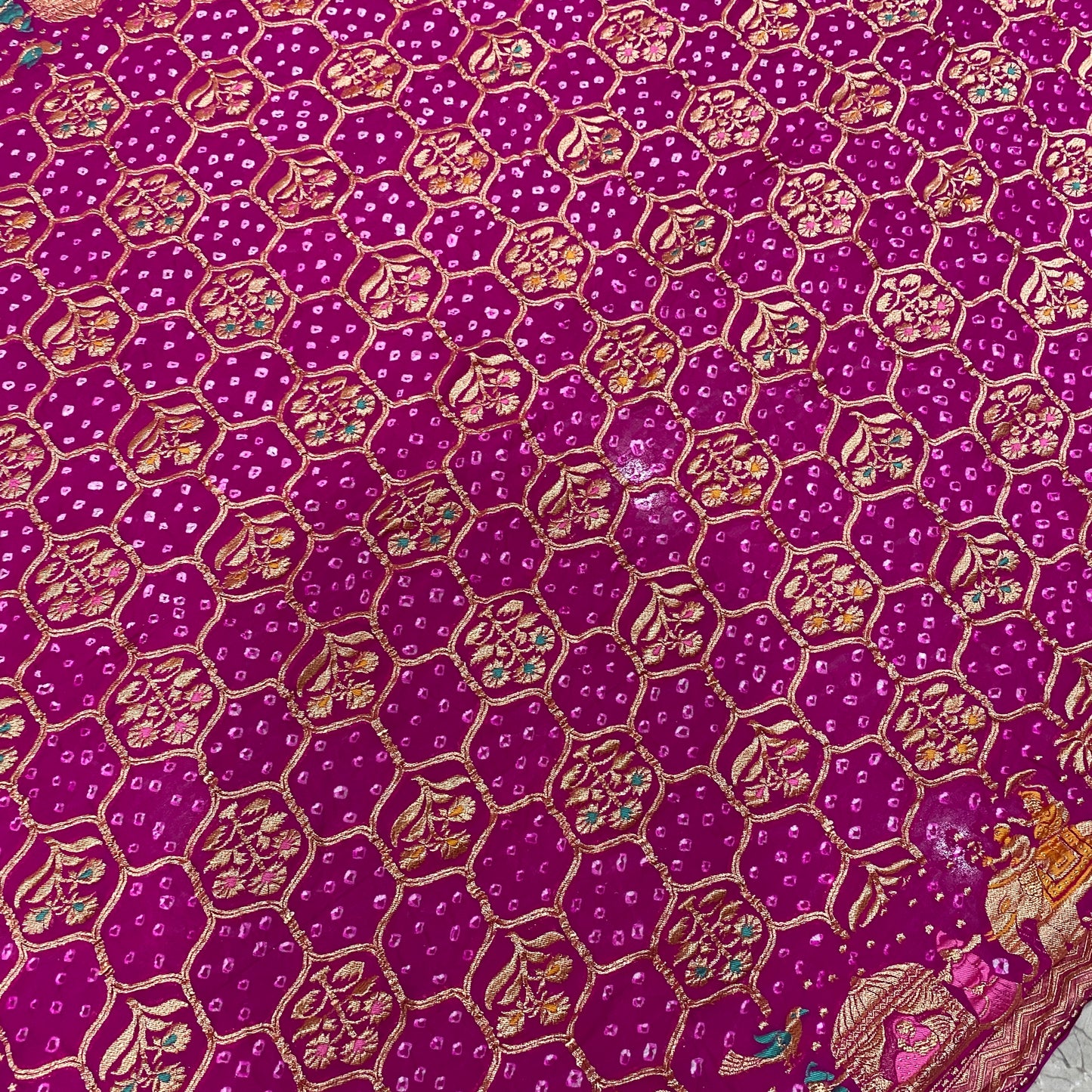 The Rani’s Decree: Pink Khaddi Georgette Bandhani Saree with Minakari Shikargaah A symphony of heritage, woven in the color of celebration by Shades Of Banaras - banarasi - banarasi saree shop - banarasi saree manufacturers - banarasi saree wholesale - banaraasi sarees