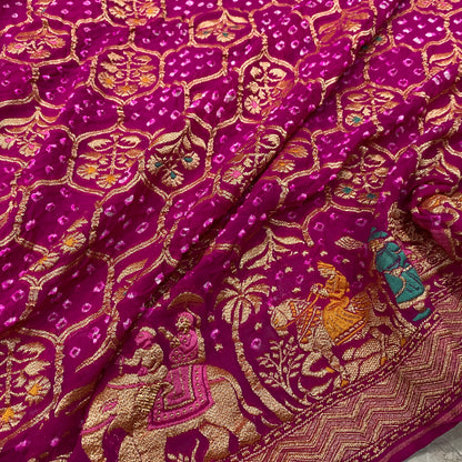 The Rani’s Decree: Pink Khaddi Georgette Bandhani Saree with Minakari Shikargaah A symphony of heritage, woven in the color of celebration by Shades Of Banaras - banarasi - banarasi saree shop - banarasi saree manufacturers - banarasi saree wholesale - banaraasi sarees