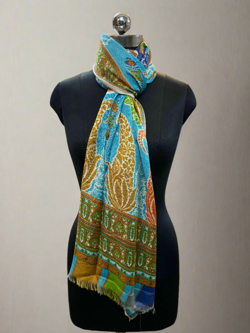 Blue and Green Luxurious Pure Pashmina Scarf by Shades Of Benares - banarasi - banarasi saree shop