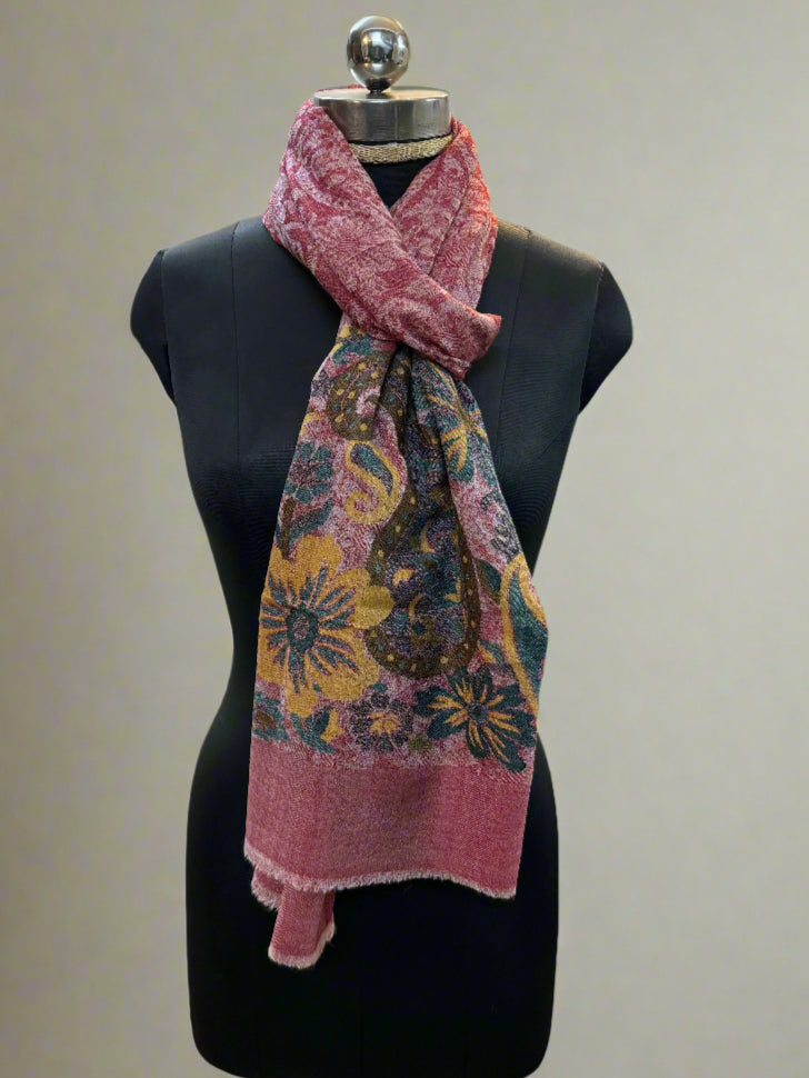 Pink and Yellow Self-Weave Luxurious Pure Pashmina Scarf by Shades Of Benares - banarasi - banarasi saree shop