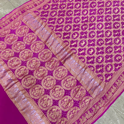 The Royal Gulabi Shikargaah: Pink Khaddi Georgette Bandhani Banarasi Saree by Shades Of Banaras - banarasi - banarasi saree shop - banarasi saree manufacturers - banarasi saree wholesale - banaraasi sarees