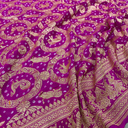 The Royal Gulabi Shikargaah: Pink Khaddi Georgette Bandhani Banarasi Saree by Shades Of Banaras - banarasi - banarasi saree shop - banarasi saree manufacturers - banarasi saree wholesale - banaraasi sarees