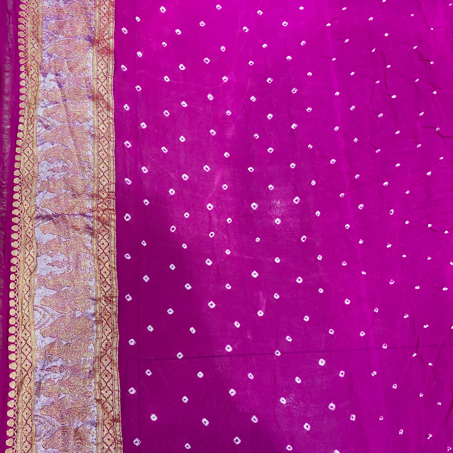 The Royal Gulabi Shikargaah: Pink Khaddi Georgette Bandhani Banarasi Saree by Shades Of Banaras - banarasi - banarasi saree shop - banarasi saree manufacturers - banarasi saree wholesale - banaraasi sarees