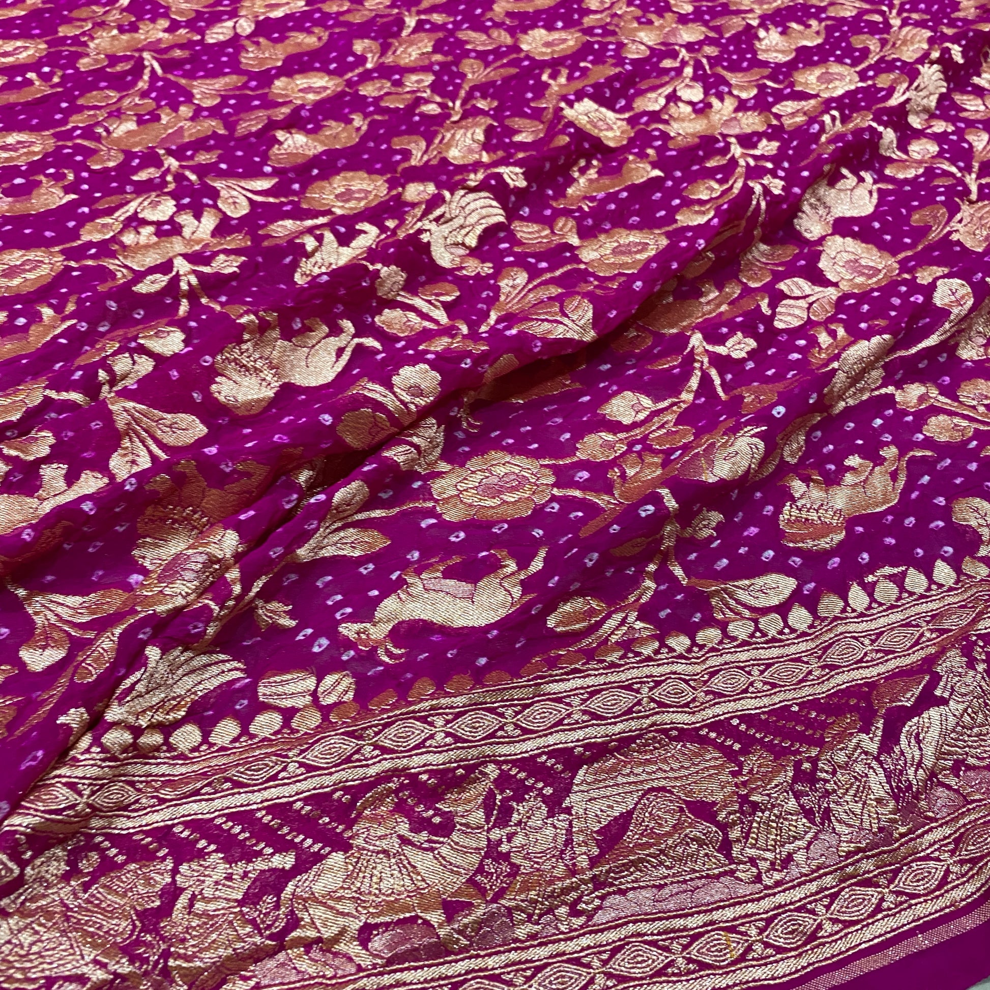 The Empress Pink: Shikargaah Khaddi Georgette Bandhani Saree by Shades Of Banaras - banarasi - banarasi saree shop - banarasi saree manufacturers - banarasi saree wholesale - banaraasi sarees