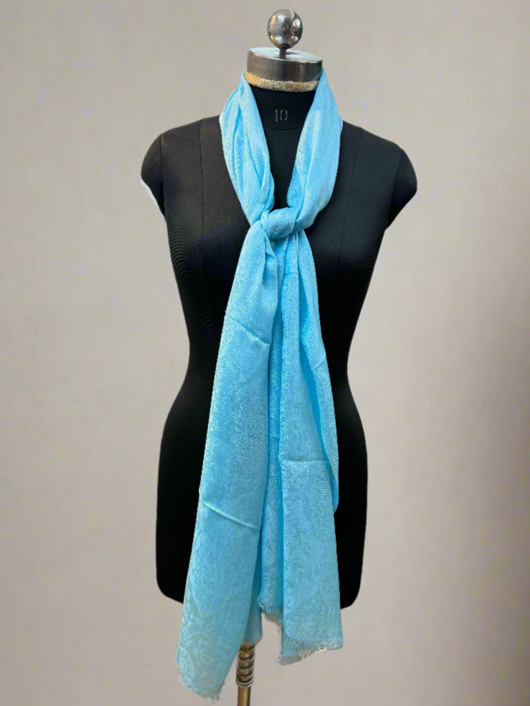 Sky Blue Self-Weave Luxurious Pure Pashmina Scarf by Shades Of Benares - banarasi - banarasi saree shop