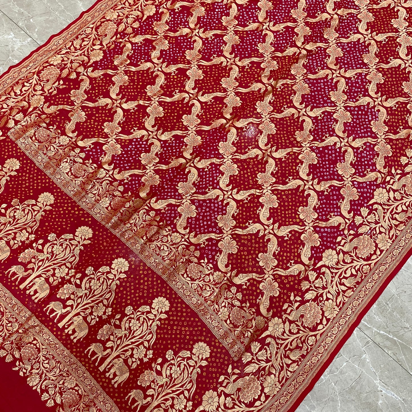 The Royal Rangkaat: Red & Pink Khaddi Georgette Bandhani Banarasi Saree by Shades Of Banaras - banarasi - banarasi saree shop - banarasi saree manufacturers - banarasi saree wholesale - banaraasi sarees
