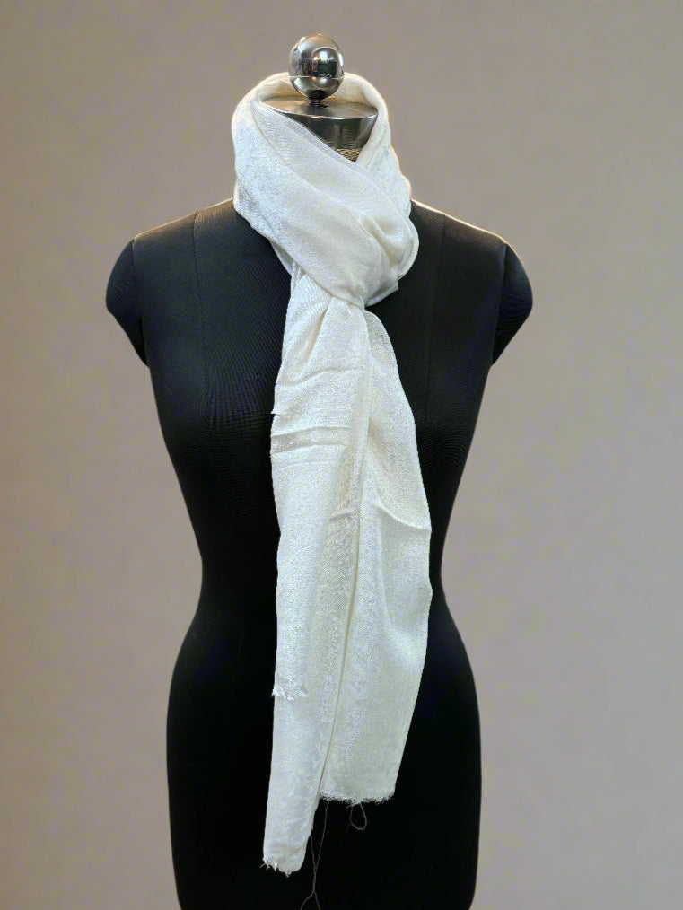 White Self-Weave Luxurious Pure Pashmina Scarf by Shades Of Benares - banarasi - banarasi saree shop