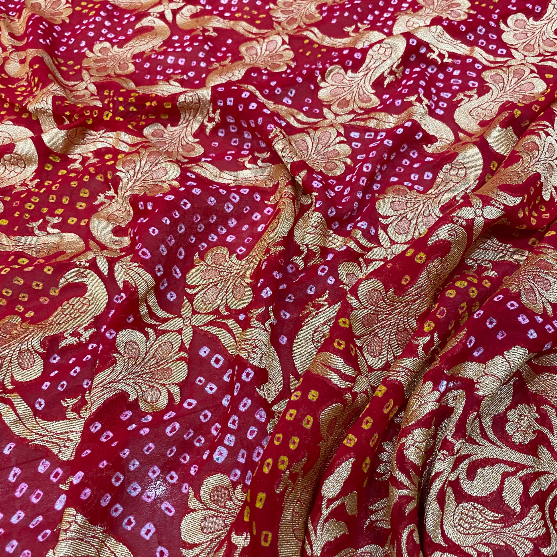 The Royal Rangkaat: Red & Pink Khaddi Georgette Bandhani Banarasi Saree by Shades Of Banaras - banarasi - banarasi saree shop - banarasi saree manufacturers - banarasi saree wholesale - banaraasi sarees