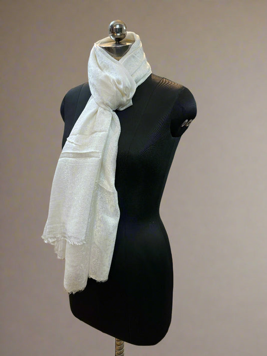 White Self-Weave Luxurious Pure Pashmina Scarf by Shades Of Benares - banarasi - banarasi saree shop