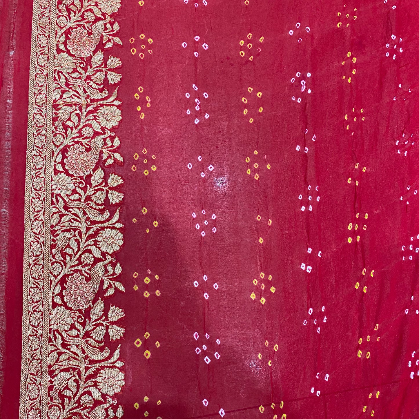 The Royal Rangkaat: Red & Pink Khaddi Georgette Bandhani Banarasi Saree by Shades Of Banaras - banarasi - banarasi saree shop - banarasi saree manufacturers - banarasi saree wholesale - banaraasi sarees