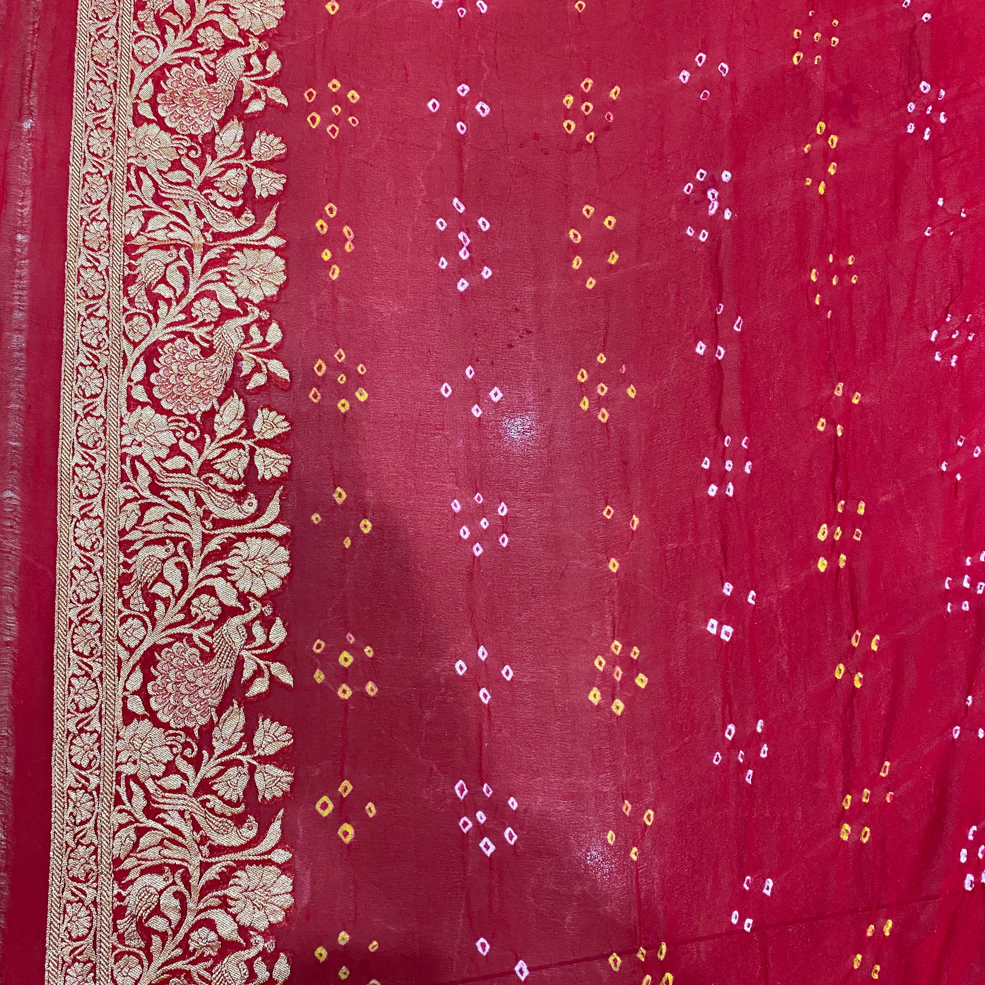 The Royal Rangkaat: Red & Pink Khaddi Georgette Bandhani Banarasi Saree by Shades Of Banaras - banarasi - banarasi saree shop - banarasi saree manufacturers - banarasi saree wholesale - banaraasi sarees