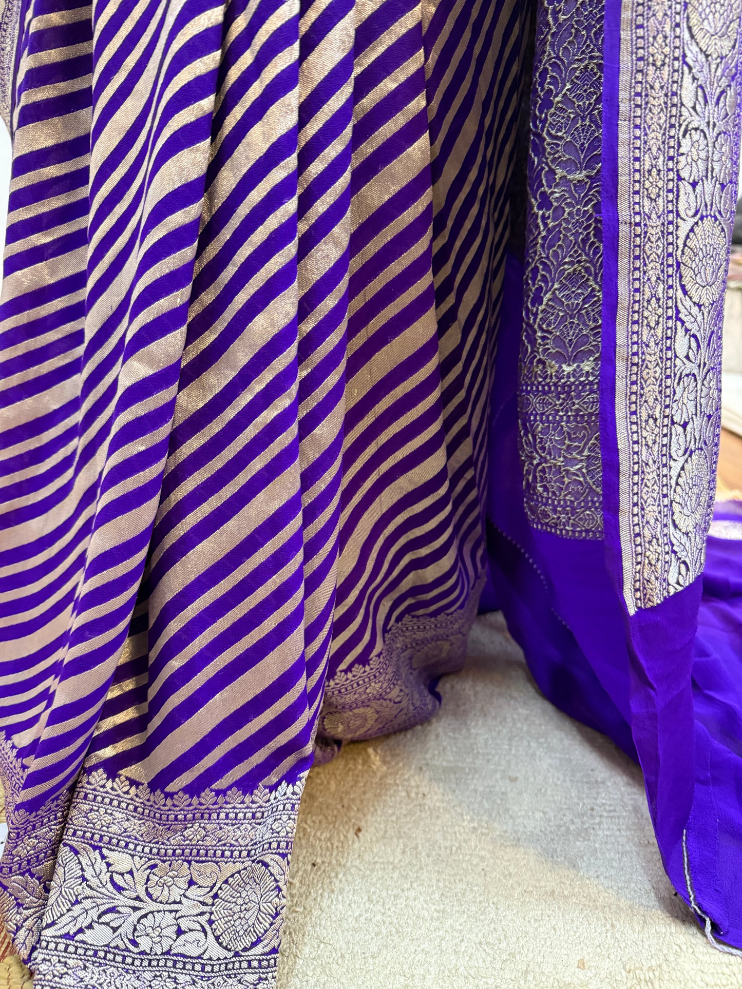 Purple Pure Khaddi Georgette Handloom Banarasi Saree with Gold Zari Stripes