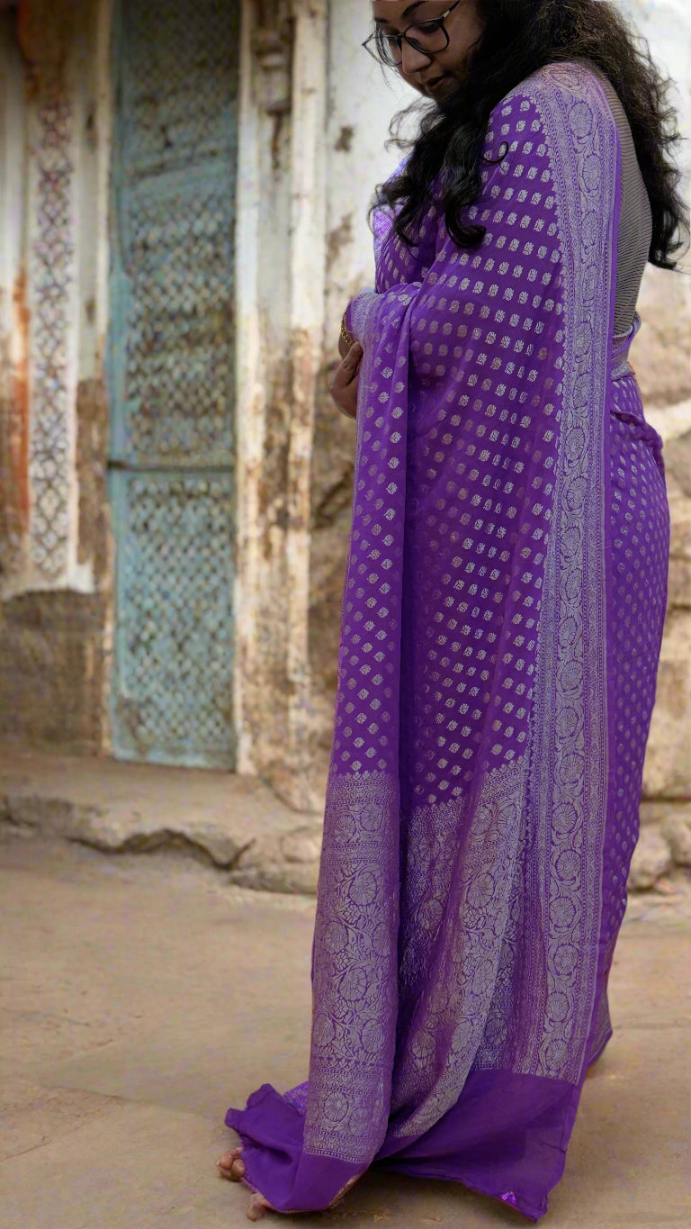 Lavender Pure Khaddi Georgette Handloom Banarasi Saree with Handwoven Silver Zari Butis