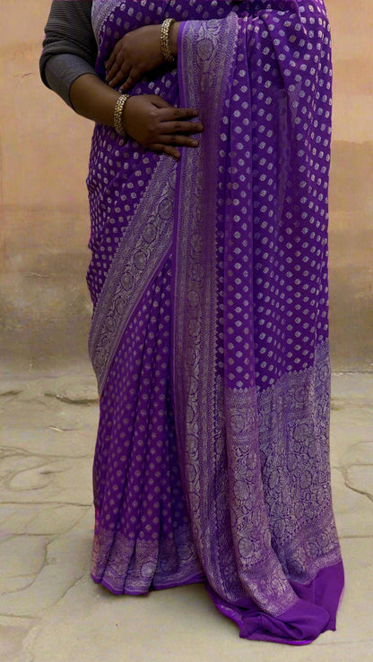 Lavender Pure Khaddi Georgette Handloom Banarasi Saree with Handwoven Silver Zari Butis