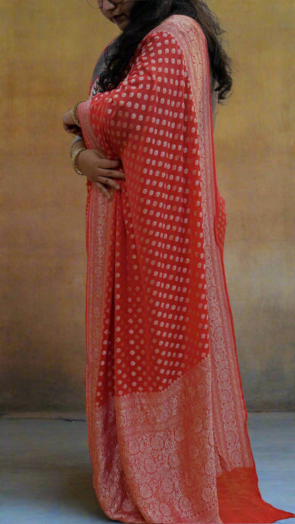 Pinkish Red Pure Khaddi Georgette Handloom Banarasi Saree with Silver Zari Handwoven Butis