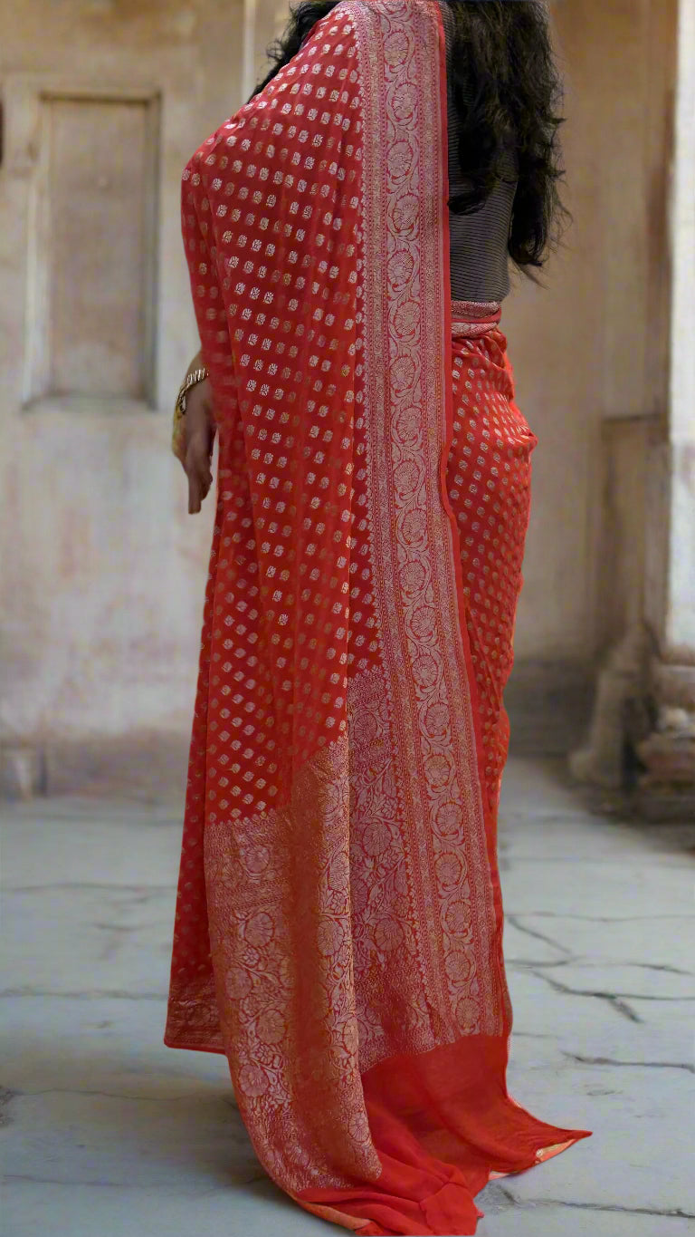 Pinkish Red Pure Khaddi Georgette Handloom Banarasi Saree with Silver Zari Handwoven Butis