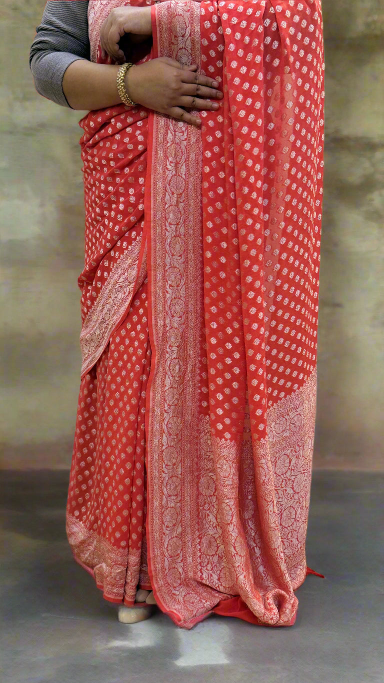 Pinkish Red Pure Khaddi Georgette Handloom Banarasi Saree with Silver Zari Handwoven Butis