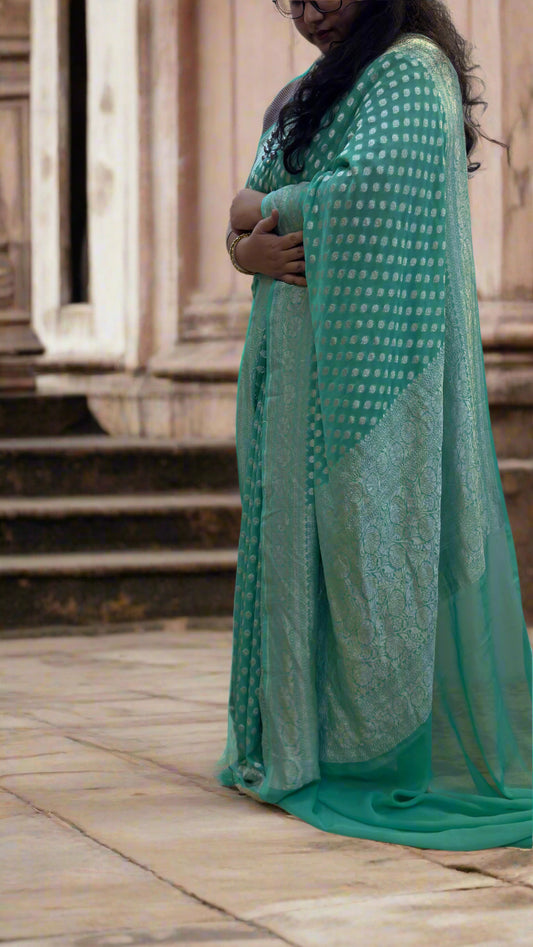 Sea Green Pure Khaddi Georgette Handloom Banarasi Saree with Silver Zari Handwoven Butis