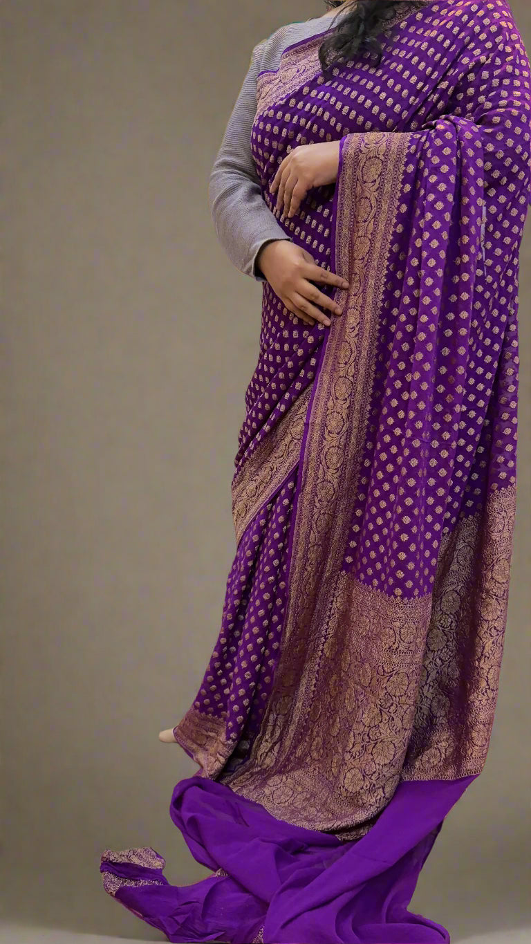 Purple Pure Khaddi Georgette Handloom Banarasi Saree with Antique Zari Butis