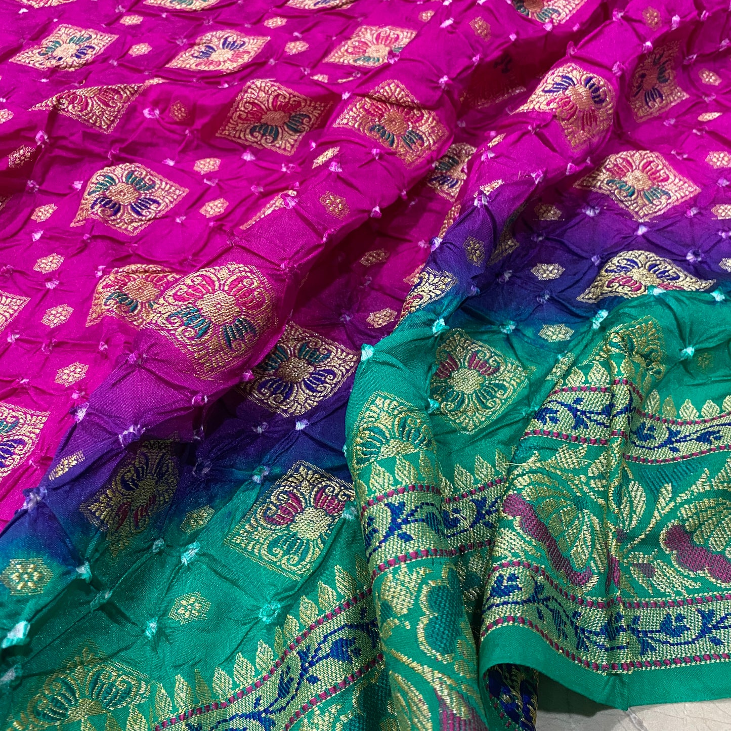 Pink & Green Pure Georgette Bandhani Banarasi Saree with Minakari Weaving