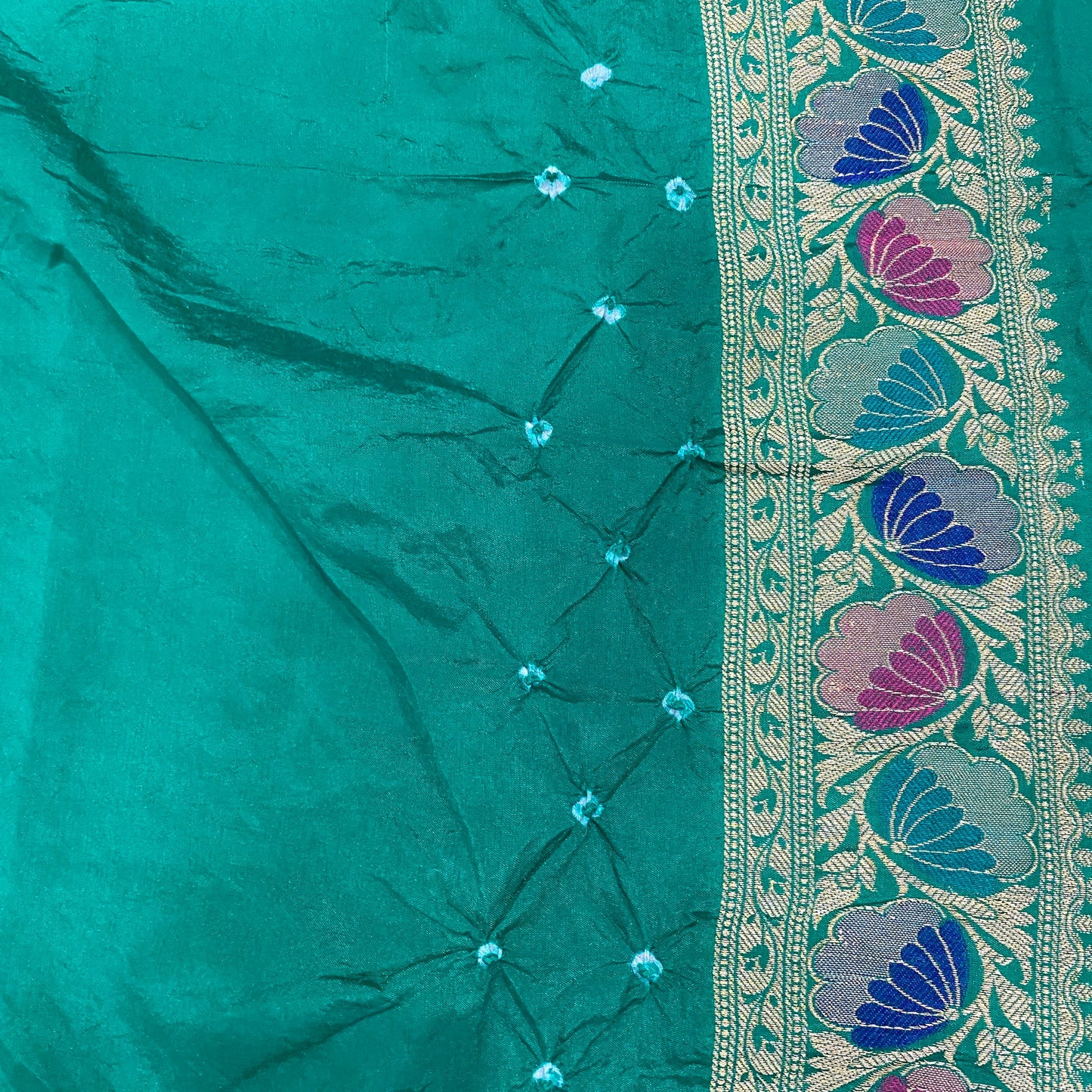 Pink & Green Pure Georgette Bandhani Banarasi Saree with Minakari Weaving