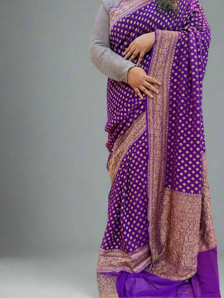 Purple Pure Khaddi Georgette Handloom Banarasi Saree with Antique Zari Butis